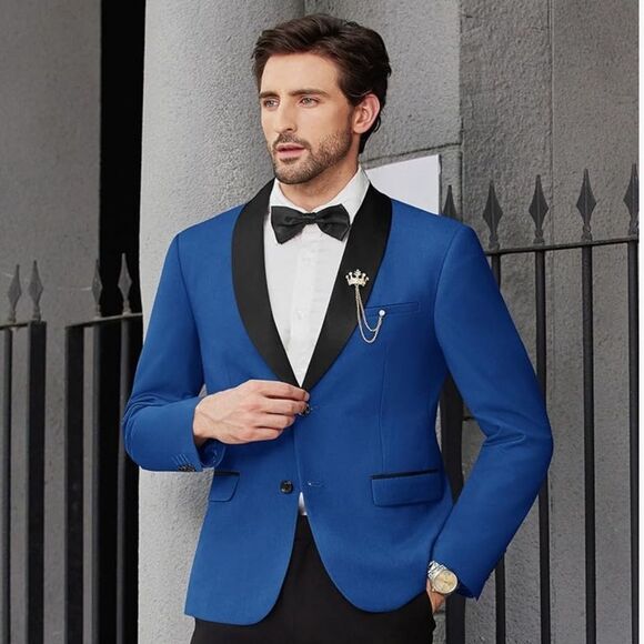 Men's Blue w/ Black Lapel Tuxedo Jacket Slim Fit Blazer Suit Jacket Prom Blazer - Picture 1 of 16